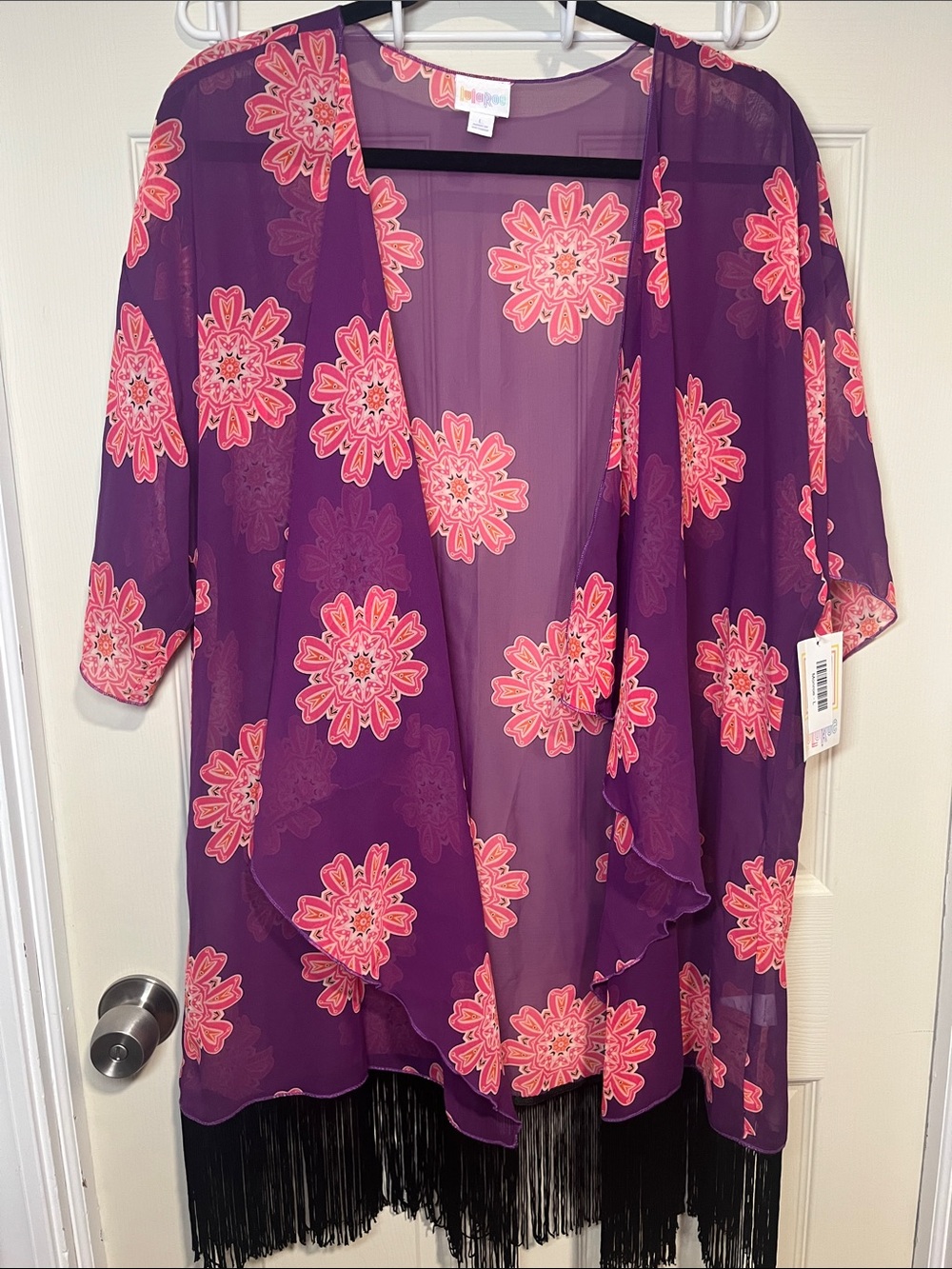 LuLaRoe Purple Sheer Fringe Swim Cover-Up with Pink Floral Medallions